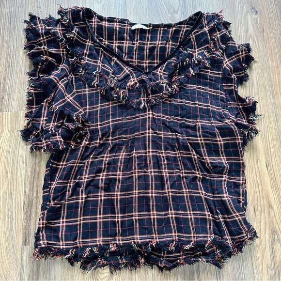 Faherty Yosepha Harper Black Plaid Blouse Short Sleeve Fringe Peasant Small Top - Picture 1 of 9